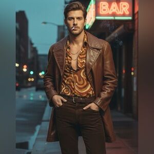 VTG 70s Leather Car Coat Shearling Lined Wide Lapel Boho Indie Sleaze S